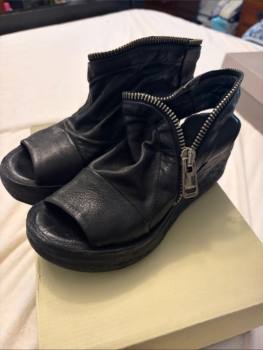 A.S.98 Black Leather Open-Toe Zip-Front Wedge Mules